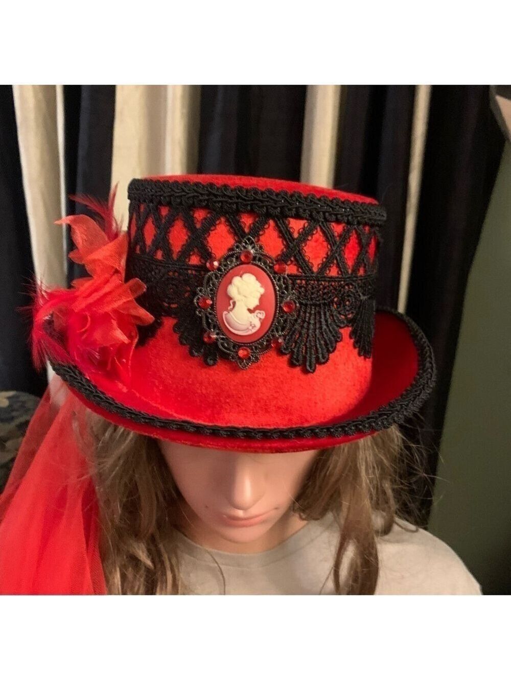 Red Felt Top Hat with Black Lace & Train